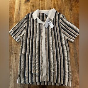 Jason Wu cotton blend soft knit Striped Short Sleeve Button-Up Shirt large NWT